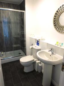汉密尔顿Newly refurbished 2 bedroom apartment close to station and local amenities的浴室配有卫生间、盥洗盆和淋浴。