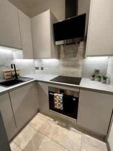 格拉斯哥1 bed Apt in West End的厨房配有白色橱柜、水槽和烤箱。