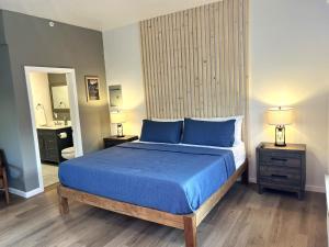 Wofford HeightsWofford Village Studios的一间卧室配有一张带蓝色床单和镜子的床