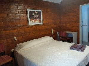 门多萨ENCANTOS DE MENDOZA Apartments的一间卧室设有一张床和砖墙