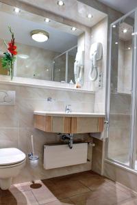 施瓦尔巴赫Hotel Mühlenthal GmbH的浴室配有卫生间、盥洗盆和淋浴。