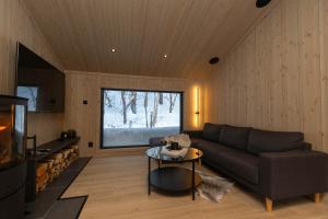 弗洛High standard cabin in a quiet area in the bossom of nature near Flå的客厅配有沙发和桌子