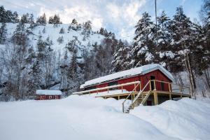 弗洛High standard cabin in a quiet area in the bossom of nature near Flå的雪上覆盖着雪盖的红色小屋