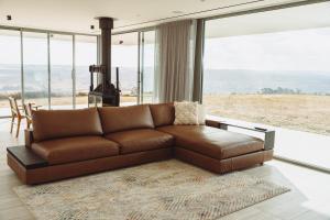 White HillsThe Cloud at Sen Vineyard的客厅设有一张棕色皮沙发,配有大窗户