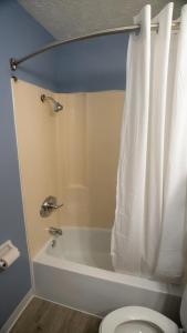 普兰菲尔德Ashley Motel的带浴缸和卫生间及淋浴帘的浴室
