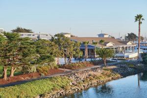 伯克利DoubleTree by Hilton Hotel Berkeley Marina的拥有河流、建筑和棕榈树的度假胜地