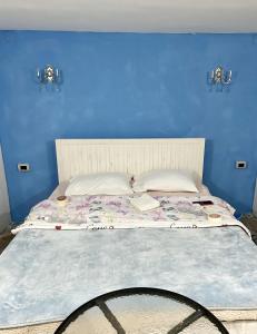 波德戈里察Villa Old Town的一间卧室配有一张蓝色墙壁的床
