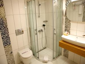 锡瓦斯君主酒店的带淋浴、卫生间和盥洗盆的浴室