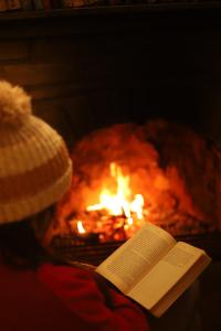 阿尔莫拉Kasar Himalaya Holiday Home, Binsar Rd的火旁的书和帽子