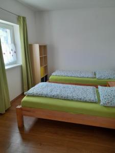维也纳维也纳维森巴赫度假屋的带窗户的客房内设有两张单人床。