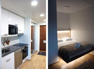 万塔Modern Studio in Prime Location的一间厨房和一间带一张床的卧室