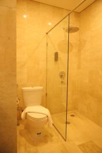 巨港Salatin Hotel Palembang的一间带卫生间和玻璃淋浴间的浴室