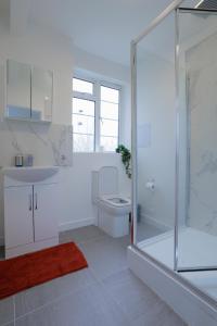伦敦Lovely 2-bed Highbury Home的浴室配有卫生间、盥洗盆和淋浴。