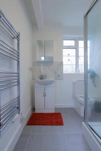 伦敦Lovely 2-bed Highbury Home的白色的浴室设有水槽和卫生间。
