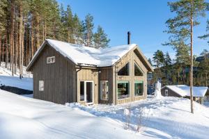 弗罗达尔Moderne hytte met eindeloos uitzicht en een sauna的树林里的雪地里的小房子