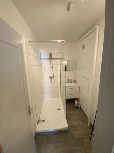 雷于利斯Appartement proche Versailles et sites olympiques的带淋浴和盥洗盆的白色浴室