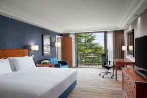 伊斯坦布尔希尔顿伊斯坦布尔博斯普鲁斯酒店的配有一张床和一张书桌的酒店客房