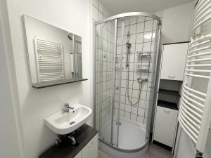 菲林根-施文宁根Double Room in the black Forest的白色的浴室设有水槽和淋浴。