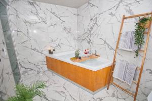 阿利坎特La perla de Tibi & sauna experience的一间带水槽和大理石墙的浴室