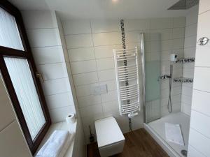 开姆尼茨埃文纽达斯旅舍的带淋浴和卫生间的白色浴室
