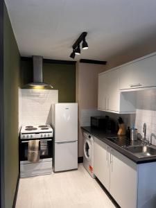 埃文河畔斯特拉特福The Hideaway的厨房配有白色冰箱和水槽