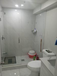 马卡姆壹家民宿Basement1的带淋浴、卫生间和盥洗盆的浴室