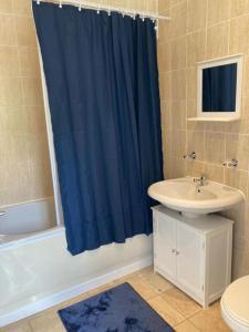 伦敦Gresham House - London Excel的浴室设有蓝色的浴帘和水槽