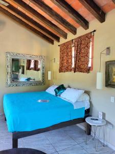 巴亚尔塔港Amaria Villas的一间卧室配有蓝色的床和镜子