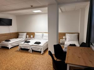 拉贝河畔乌斯季D8 APARTMÁNY的客房设有两张床、一张桌子和一台电视机。