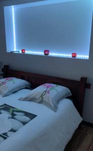 PanazolChambre ZEN的卧室内的两张床,享有蓝色的灯光
