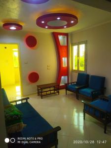 伊斯梅利亚قرية النورس مكتب السعد的客厅设有蓝色椅子,墙上有红色圆圈