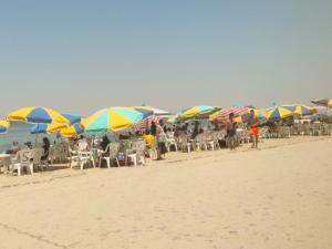 伊斯梅利亚قرية النورس مكتب السعد的一群人坐在海滩上的伞下