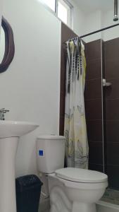 圣玛尔塔Hostal Los Arhuacos的一间带卫生间和淋浴帘的浴室