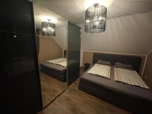 霍恩-巴特迈恩贝格Ferienwohnung Rosa - b48939的一间卧室配有两张床和镜子