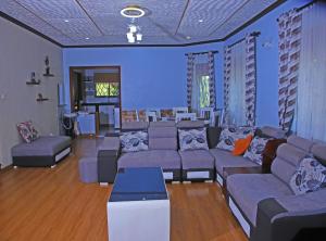NjaraHeavenly Royalz Farm Fortportal的客厅设有蓝色的墙壁和沙发。