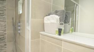 布莱顿霍夫City Centre Seaview Apartment的一间带毛巾和镜子的淋浴的浴室