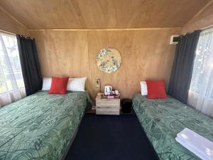 科罗曼德镇图伊山林小屋的小客房内的两张床,配有绿色和红色枕头