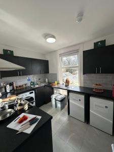剑桥Cambridge Central Rooms - Tas Accommodations的厨房配有黑色橱柜和白色家电