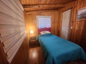克利翁Hospedaje Mirador Quellón的一间小卧室,配有一张位于木制房间内的床
