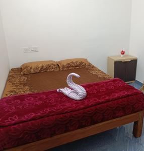 玛莱尤尔Bliss Villa 2 bedroom Apartment Marayoor的一条白色的蛇躺在红色的床上