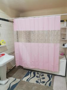 突尼斯Dar mima baya的浴室设有粉红色的淋浴帘和水槽