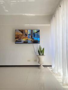 PusokThe Premier Suite的客厅的墙上配有电视和植物