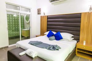 OkpanamNelson Mandela Gardens的一间卧室配有一张带蓝色枕头的大床