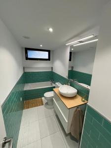 EntrenaPassivhaus con jardín en La Rioja的浴室配有盥洗盆、卫生间和浴缸。