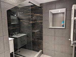 圣卡洛斯-德巴里洛切Citizen Kane Lodge - Hospedaje Gourmet的带淋浴、水槽和镜子的浴室