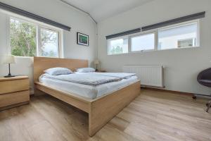 塞济斯菲厄泽Túngata apartment的一间卧室设有一张大床和两个窗户。