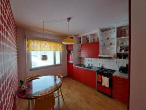 波里Back to Retro Yyterissä的一间厨房,配有红色橱柜和玻璃桌