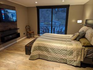 圣卡洛斯-德巴里洛切Citizen Kane Lodge - Hospedaje Gourmet的一间卧室设有一张床和一个大窗户