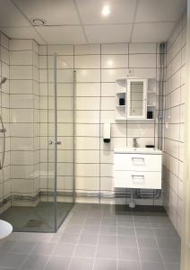 斯德哥尔摩Älvsjö stadshotell的一间带玻璃淋浴和水槽的浴室