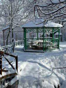 Yukary-UkhumShiringul guesthouse in nuratau mountain的绿色凉亭,地面上有雪
